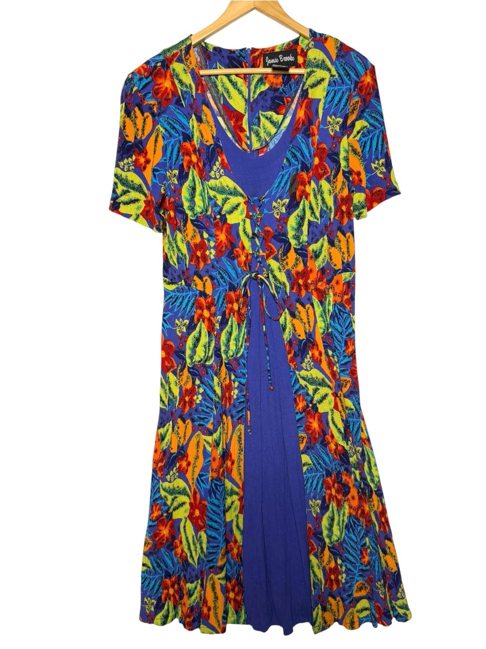 Vintage Jamie Brooke Tropical Floral Rayon Midi Dress Blue